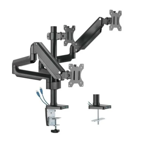 Twisted Minds Premium Triple Monitors Aluminum Pole Mounted Gas Spring Monitor Arm With Usb Ports (Fit Screen Size 17"-27") (Supports Curve Screen)